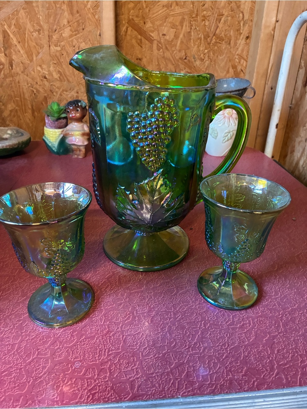 Green Iridescent Carnival Glass Pitcher with Matching Goblets
